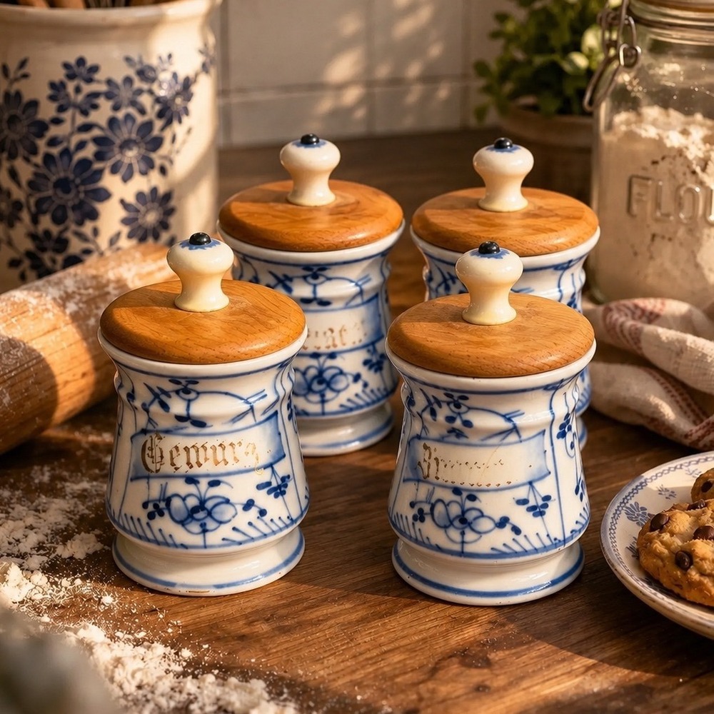 Meissen Blue Onion Spice Jars Set of 4 German Porcelain Wood Lids Backstamp